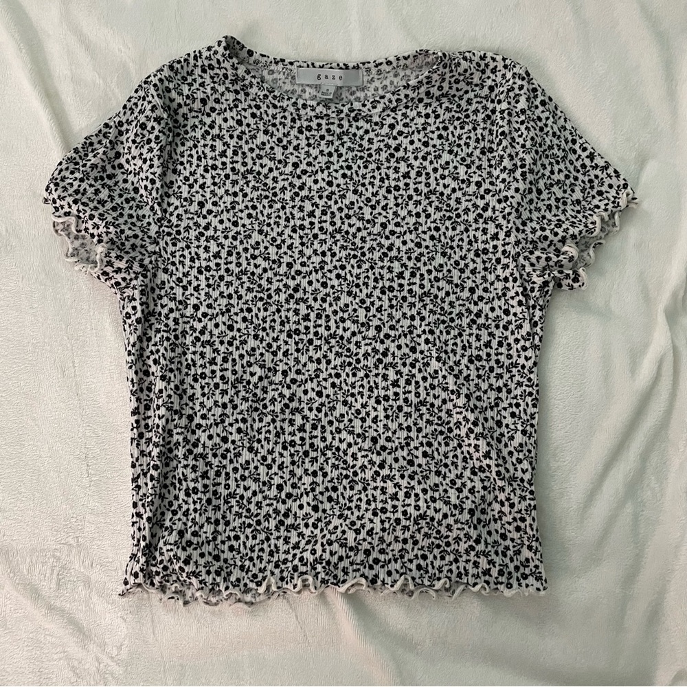 Black and White Patterned Shirt with Lettuce Trim